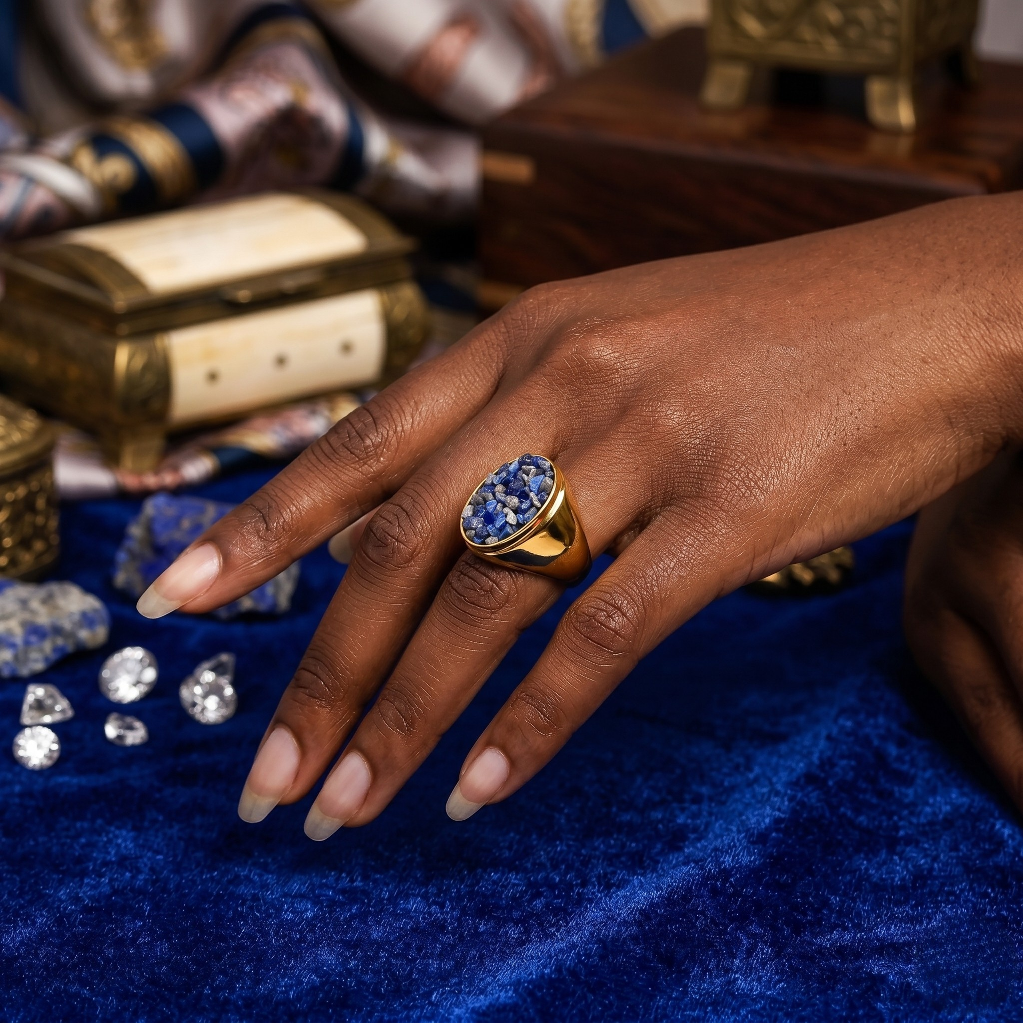 Hand wearing gold ring with blue stone chips, surrounded by scattered diamonds on a blue velvet surface.