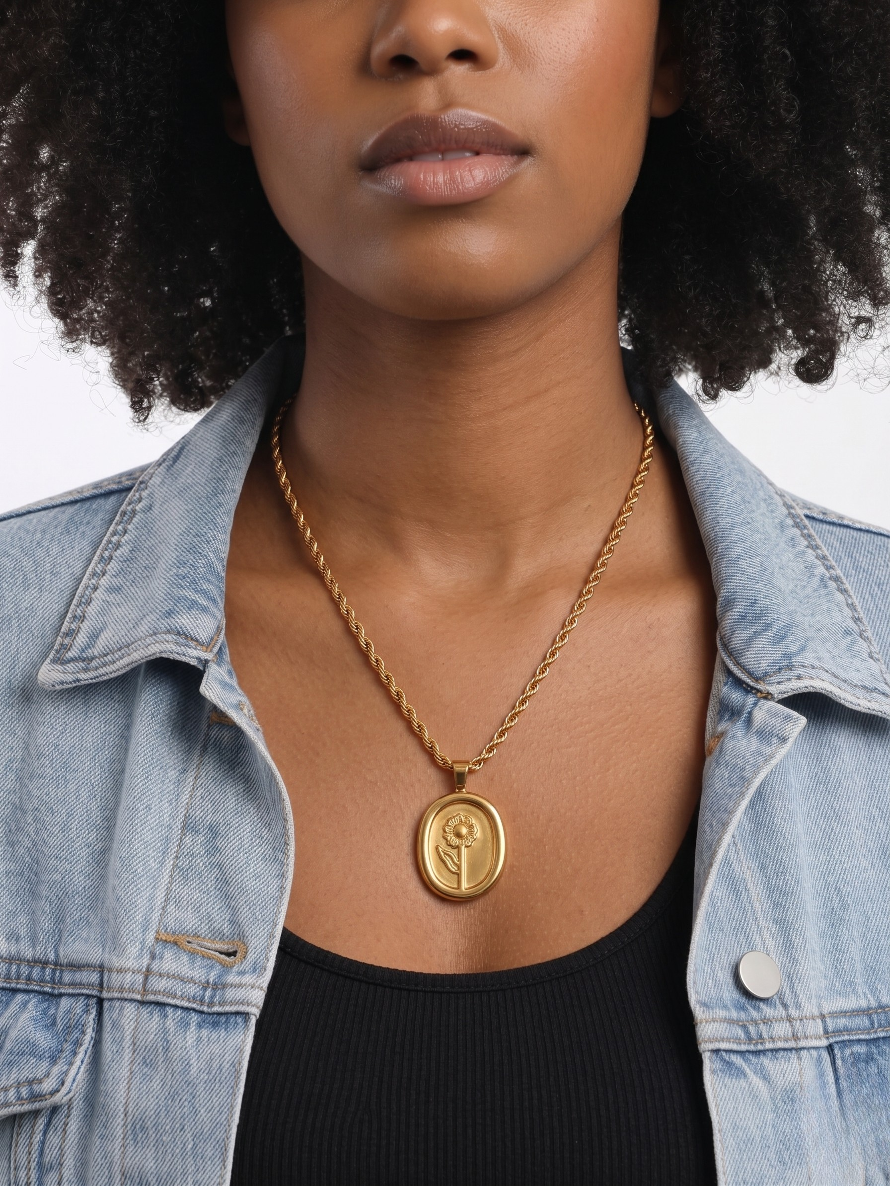 Gold sunflower rope pendant necklace on woman's neck, worn with denim jacket and black top