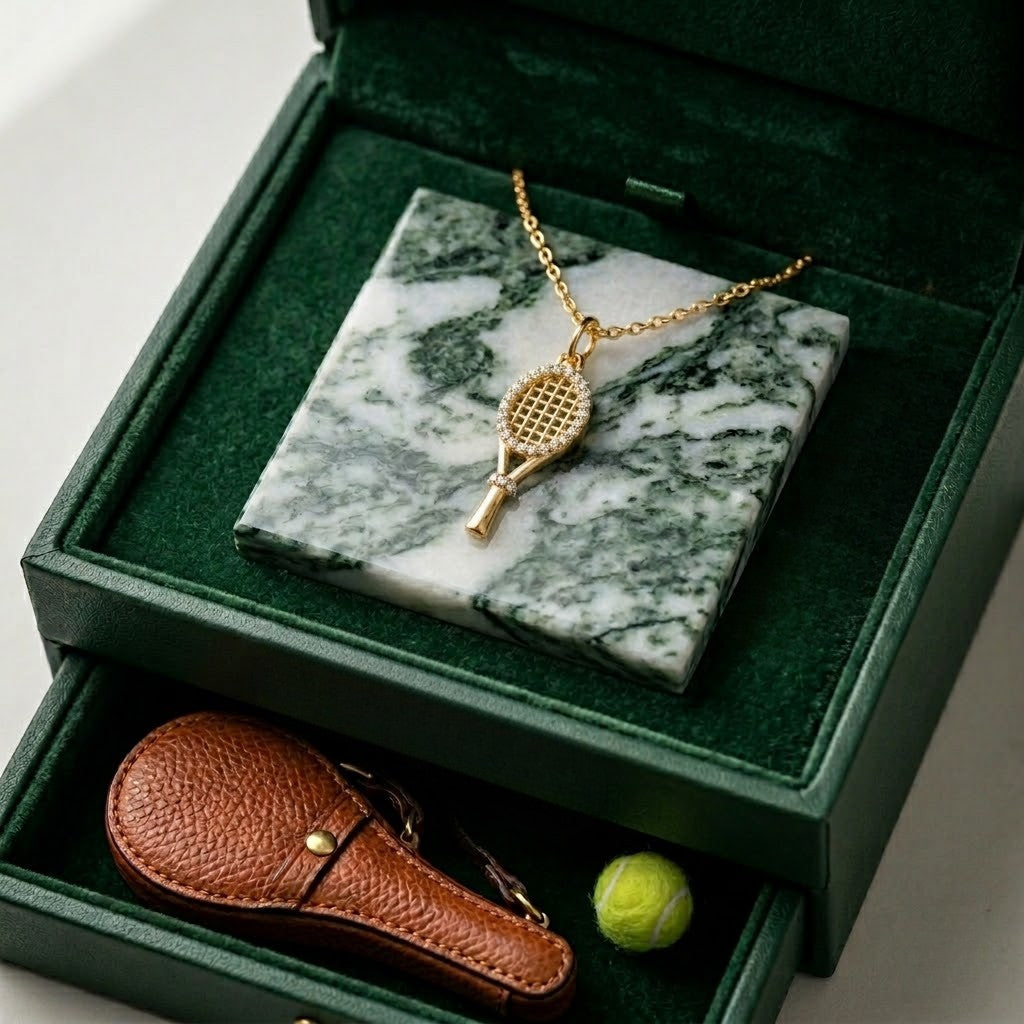 Gold tennis racket pendant necklace on green marble in a velvet box with mini leather bag and tennis ball detail